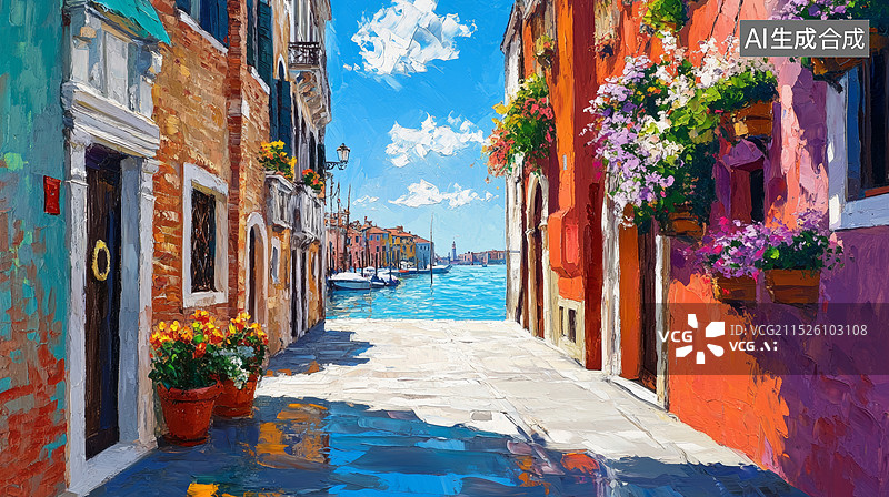 【AI数字艺术】欧洲城镇街道花朵植物装饰的海边油画风格质感笔触白天美好风景插画背景图片素材