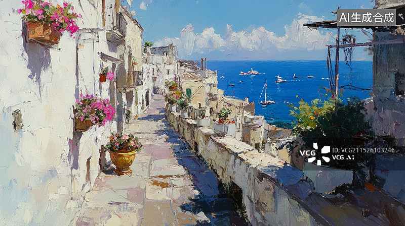 【AI数字艺术】欧洲城镇街道花朵植物装饰的海边油画风格质感笔触白天美好风景插画背景图片素材