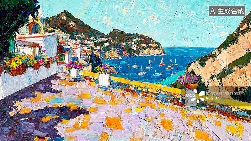 【AI数字艺术】欧洲城镇街道花朵植物装饰的海边油画风格质感笔触白天美好风景插画背景图片素材