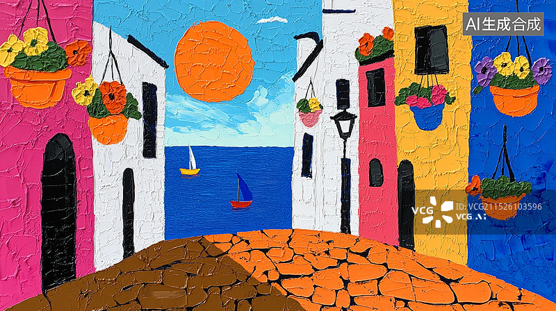 【AI数字艺术】欧洲城镇街道花朵植物装饰的海边油画风格华丽高级感笔触白天美好风景插画背景图片素材