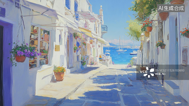 【AI数字艺术】欧洲城镇街道花朵植物装饰的油画风格笔触白天美好风景插画背景图片素材