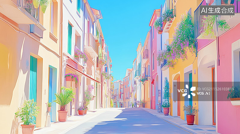 【AI数字艺术】欧洲城镇街道花朵植物装饰的油画风格笔触白天美好风景插画背景图片素材