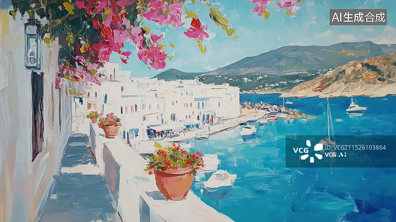 【AI数字艺术】欧洲城镇街道花朵植物装饰的海边油画风格质感笔触白天美好风景插画背景图片素材