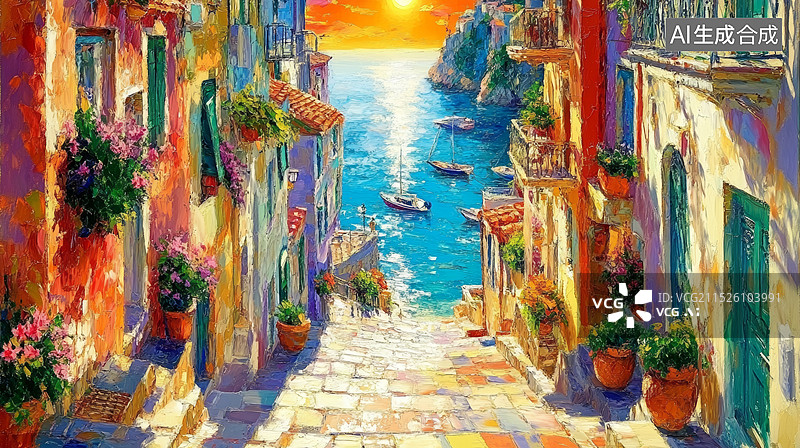 【AI数字艺术】欧洲城镇街道花朵植物装饰的海边油画风格华丽高级感笔触日落美好风景插画背景图片素材