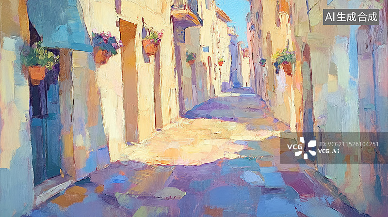 【AI数字艺术】欧洲城镇街道花朵植物装饰的油画风格笔触白天美好风景插画背景图片素材