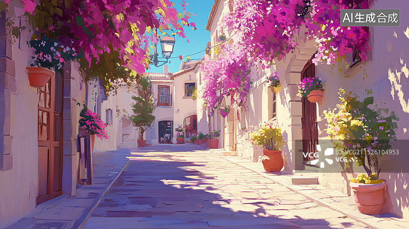 【AI数字艺术】欧洲城镇街道花朵植物装饰的油画风格笔触白天美好风景插画背景图片素材