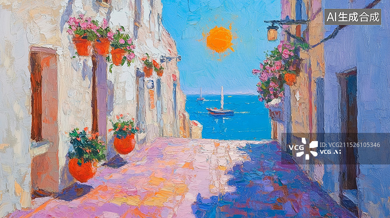【AI数字艺术】欧洲城镇街道花朵植物装饰的油画风格笔触白天美好风景插画背景图片素材