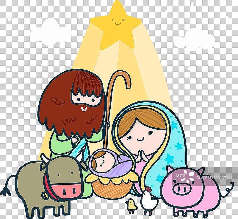 有家庭和动物的圣诞场景图片素材