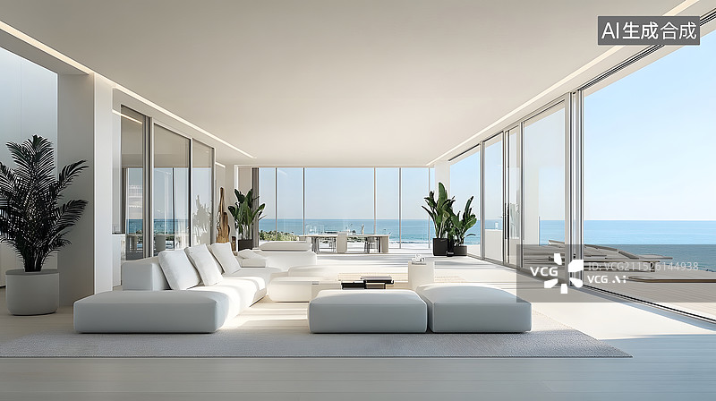 【AI数字艺术】现代简约海景别墅客厅图片素材