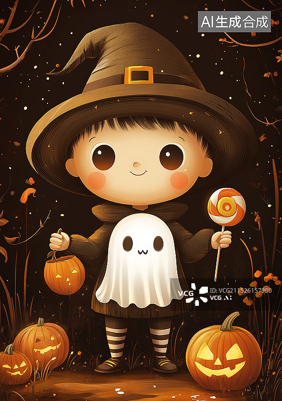 【AI数字艺术】万圣节之夜可爱万圣节角色的卡通艺术图片素材