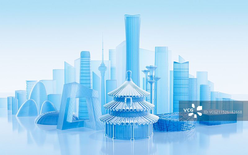 3D蓝色商务科技现代化北京城市全景建筑插画图片素材