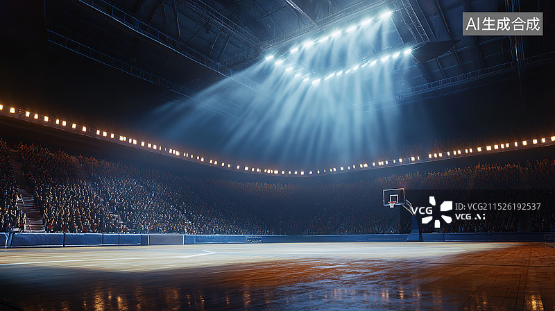【AI数字艺术】灯光背景下的空旷的篮球场插画图片素材
