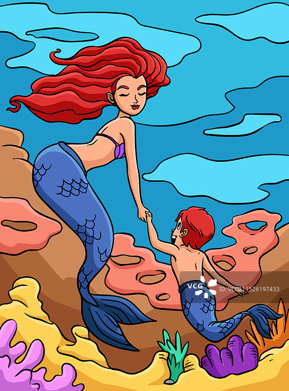 美人鱼和小人鱼彩色卡通图片素材