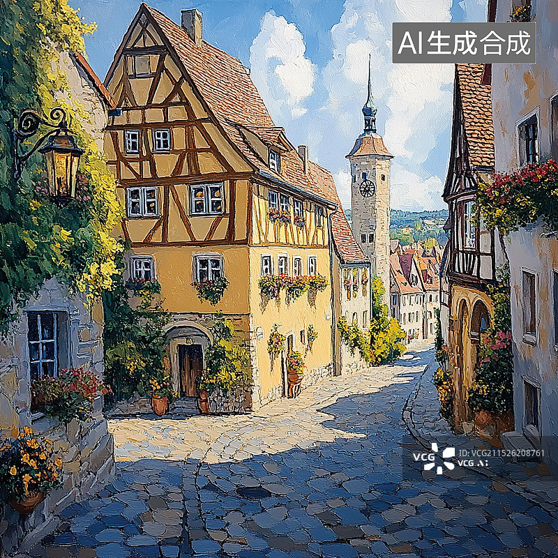 【AI数字艺术】油画风格的欧洲街道图片素材