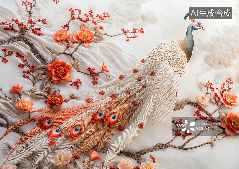 【AI数字艺术】刺绣风格树枝上一只孔雀图片素材