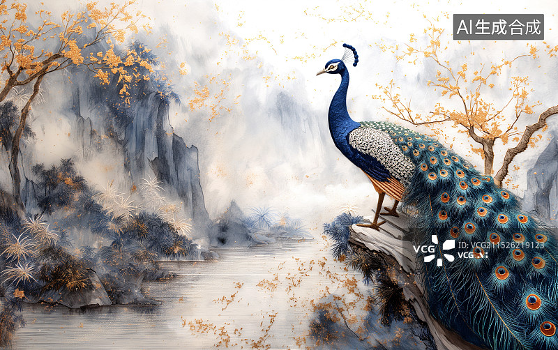【AI数字艺术】刺绣风格树枝上一只孔雀图片素材