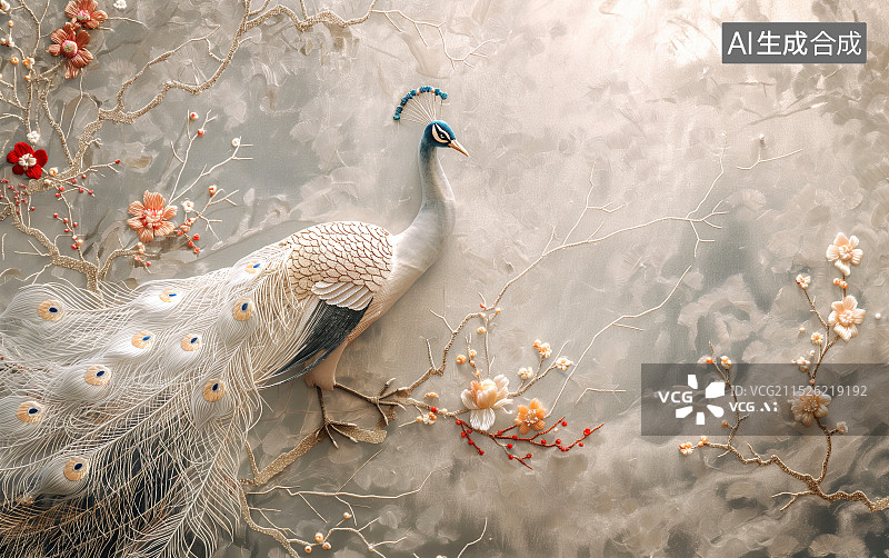 【AI数字艺术】刺绣风格树枝上一只孔雀图片素材