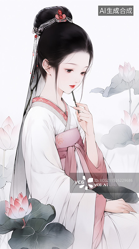 【AI数字艺术】古风插画：一个荷花旁沉思的汉服少女图片素材