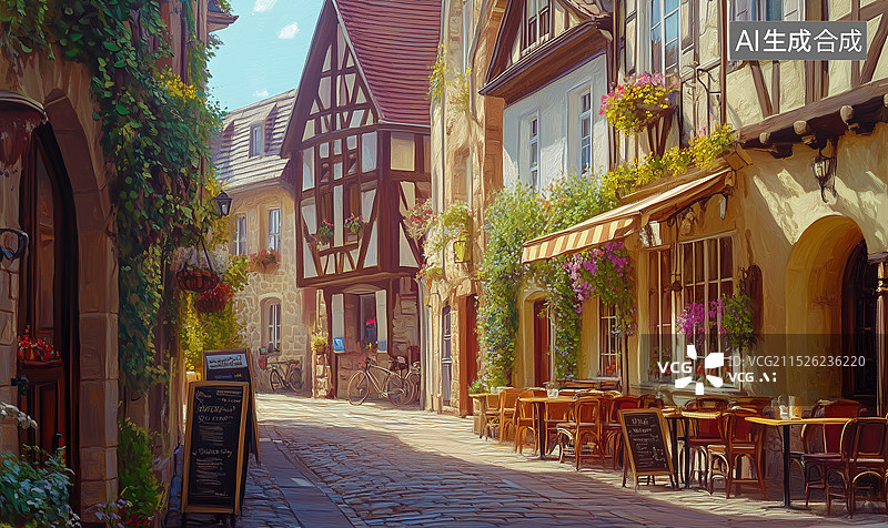 【AI数字艺术】欧洲小镇街道风景图油画图片素材