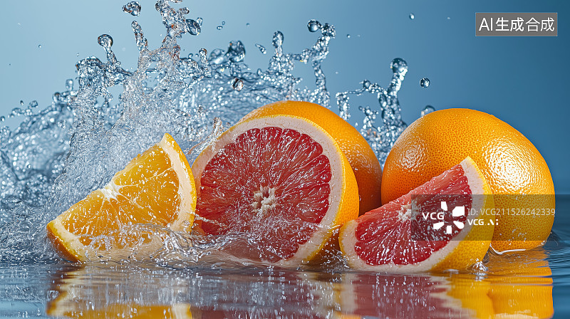 【AI数字艺术】溅起水花的橙子和柚子图片素材