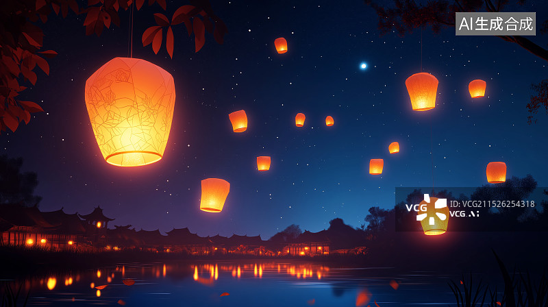 【AI数字艺术】夜空中满天的孔明灯许愿灯图片素材