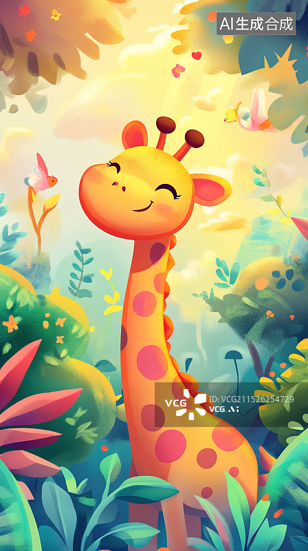 【AI数字艺术】长颈鹿与植物的插画图片素材