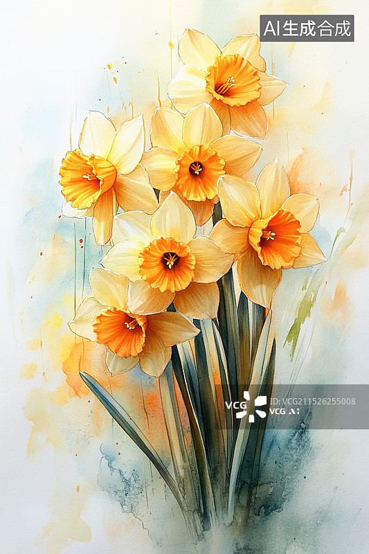 【AI数字艺术】水彩画中的黄色水仙花图片素材