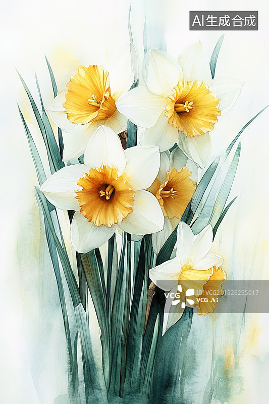 【AI数字艺术】水彩画中的黄色水仙花图片素材