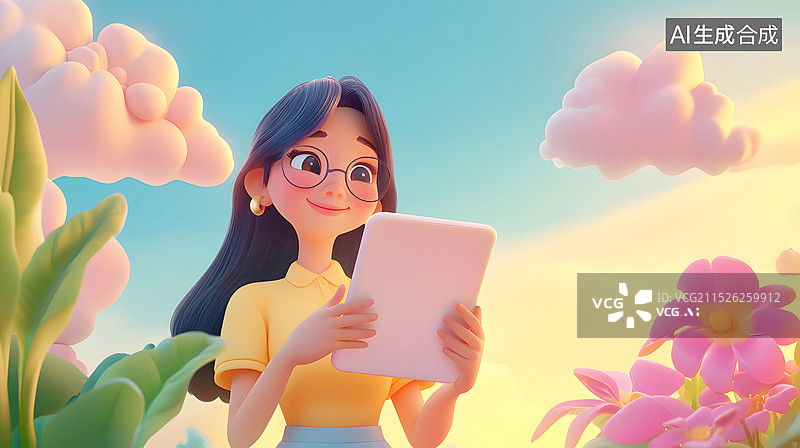 【AI数字艺术】一个女人拿着平板三维场景图片素材