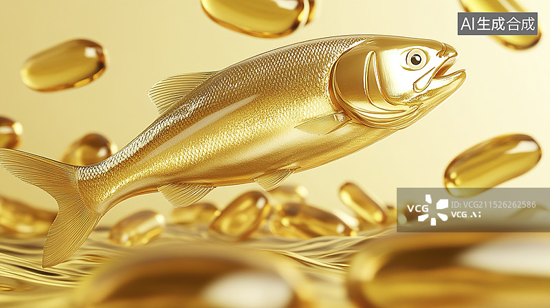 【AI数字艺术】金黄色的鱼肝油和深海鱼图片素材