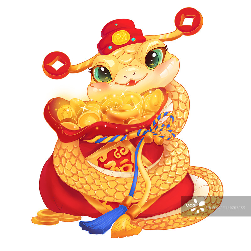 带着财神帽子得卡通生肖蛇盘着福袋图片素材