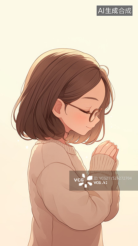 【AI数字艺术】女孩双手合十闭眼祈祷许愿图片素材