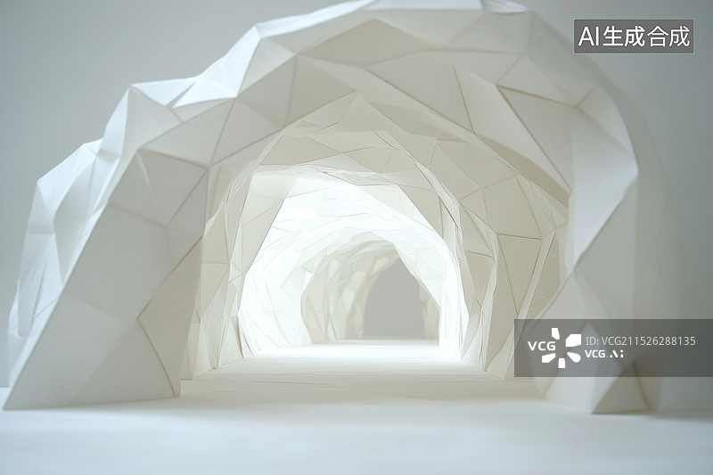 【AI数字艺术】一个抽象的几何结构，由多个不规则的多边形组成。光线从顶部照射下来，形成了明暗对比，突出了结构的立体感图片素材