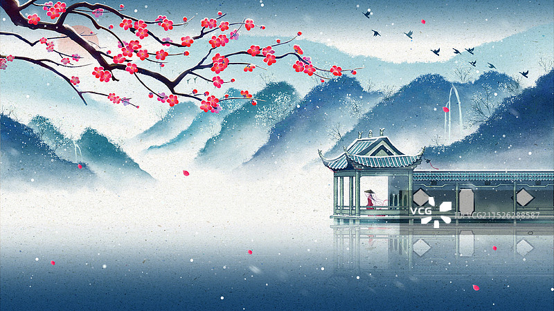庐山如琴湖冬日雪景梅花古风插画图片素材