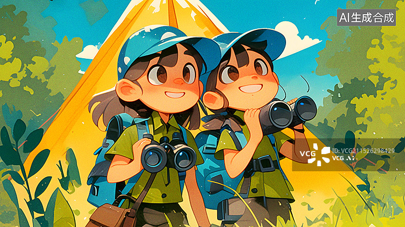 【AI数字艺术】两个女孩在拿着望远镜在户外探险插画图片素材