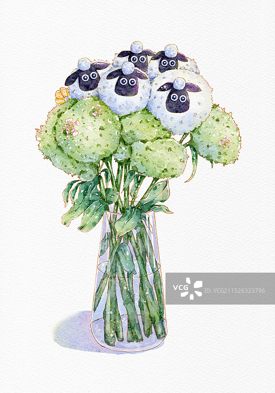 白色乒乓菊小羊绿毛球草地图片素材