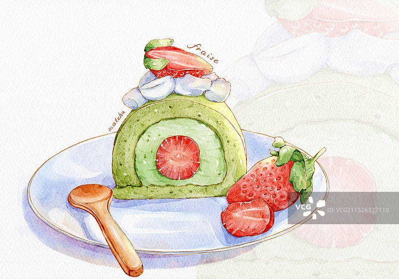 草莓抹茶蛋糕卷图片素材