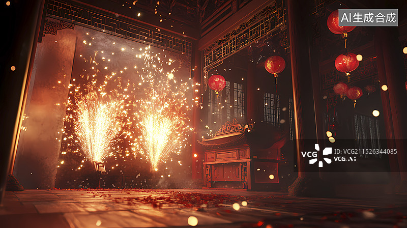 【AI数字艺术】传统中国春节烟花和室内场景插画海报背景图片素材