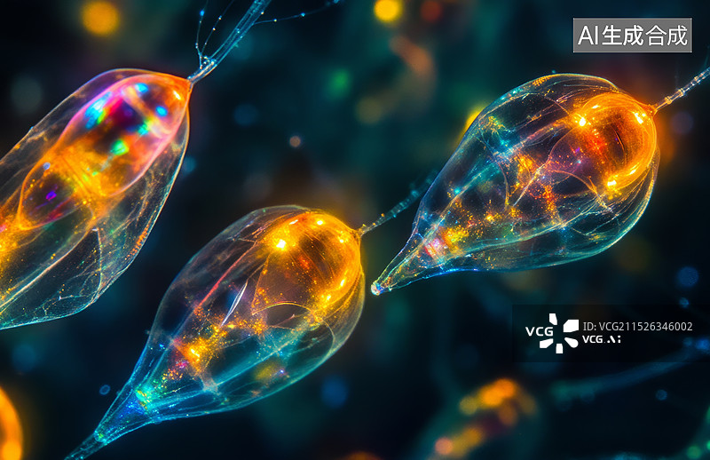 【AI数字艺术】一群色彩斑斓的浮游生物，在显微镜下呈现出迷人的图案和细节图片素材