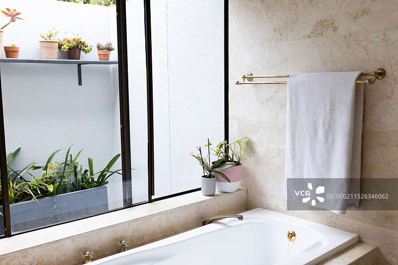 带植物和毛巾的豪华浴室，营造出放松和宁静的氛围，在家里图片素材