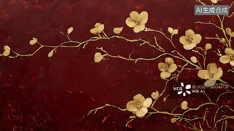 【AI数字艺术】传统中国春节红色杏花图案插画海报背景图片素材