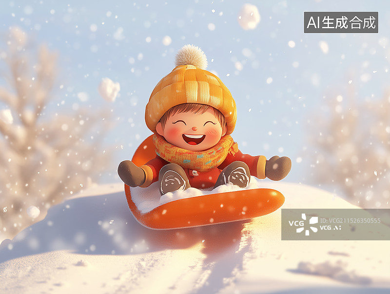 【AI数字艺术】3d可爱卡通风格滑雪橇的儿童图片素材