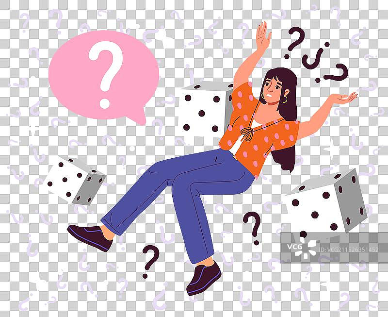 对不确定性的恐惧：女人跌落骰子旁图片素材
