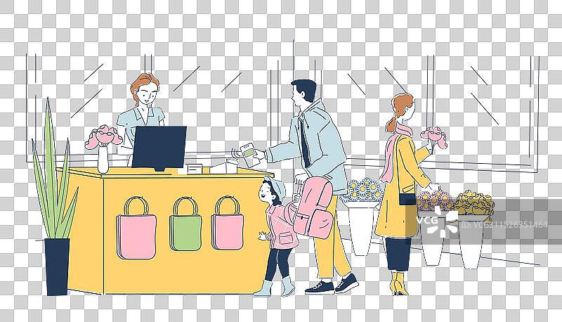 花店场景：男人、孩子和女人在挑选鲜花图片素材