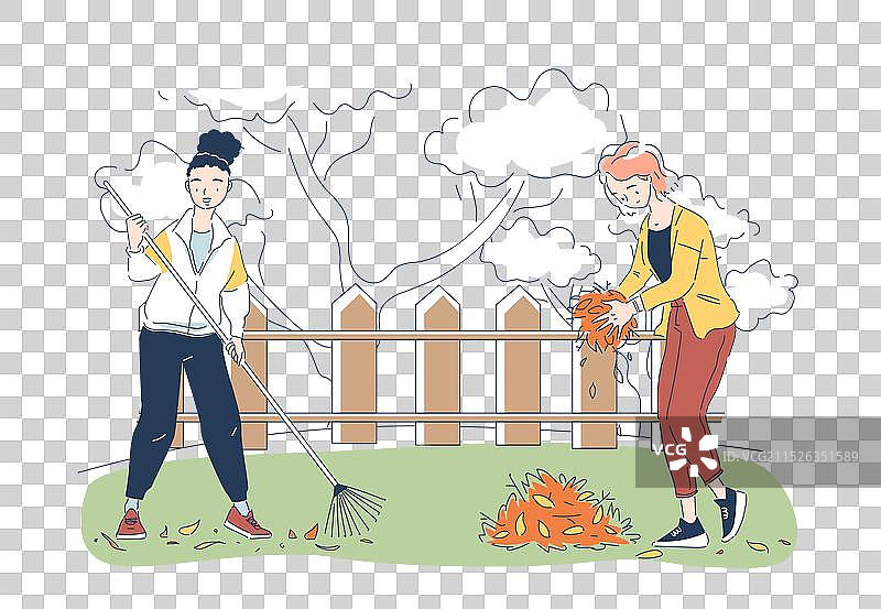 秋季花园劳作：妇女用耙子收集图片素材