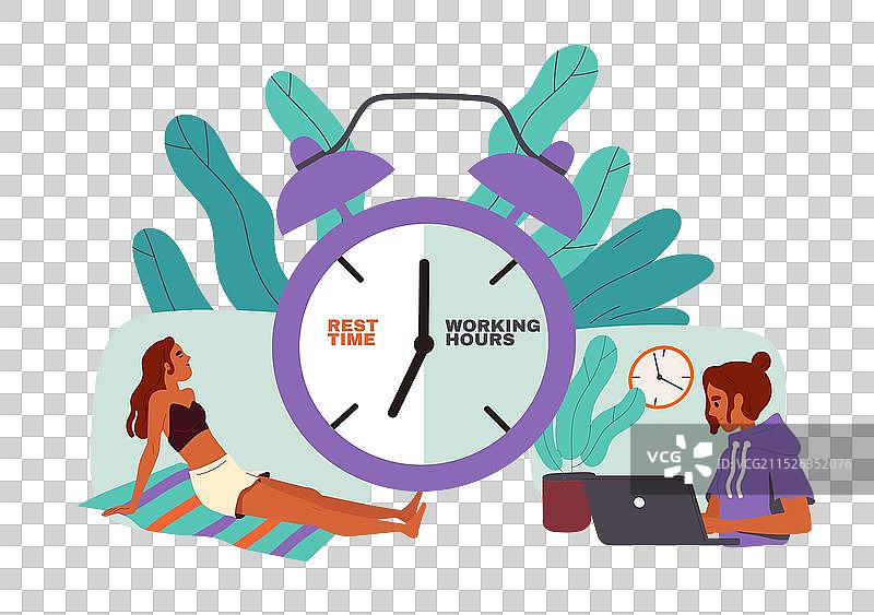 休息和工作：大钟旁的年轻女孩图片素材