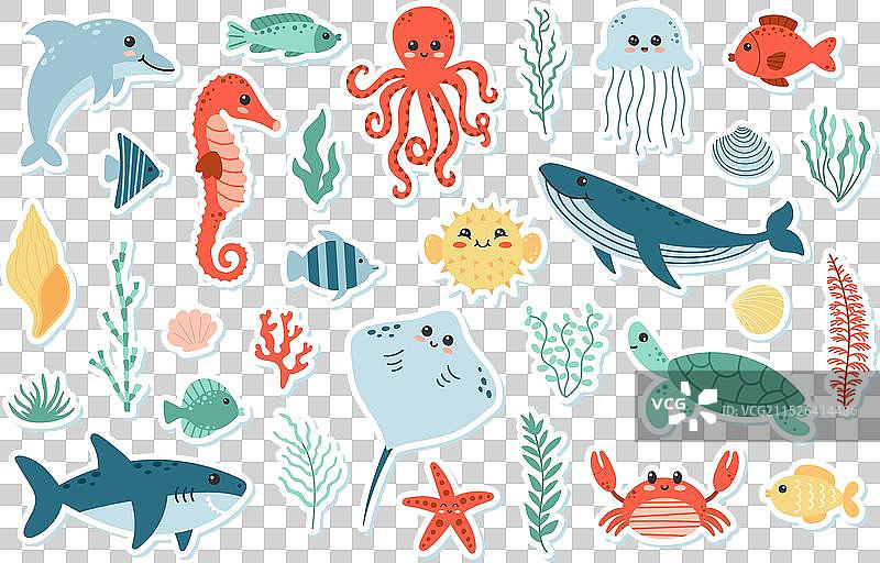 可爱卡通海洋生物贴纸套装图片素材