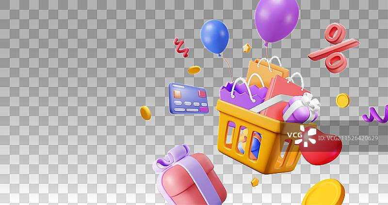 装满礼品盒和购物袋的3D塑料购物篮图片素材