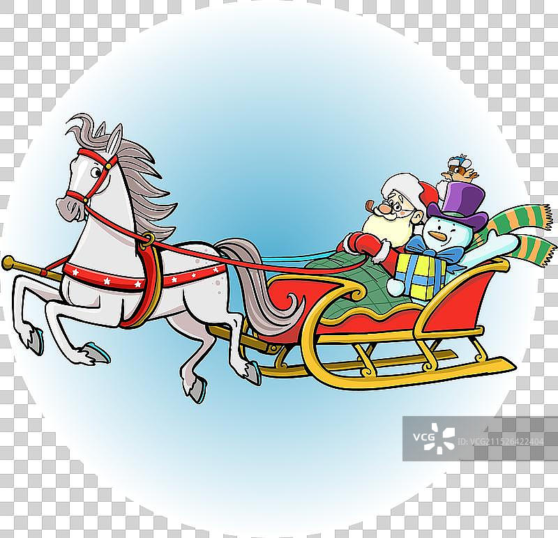 圣诞老人和雪人在马拉雪橇上图片素材