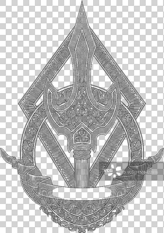 带鱼和花卉装饰的波塞冬三叉戟图片素材